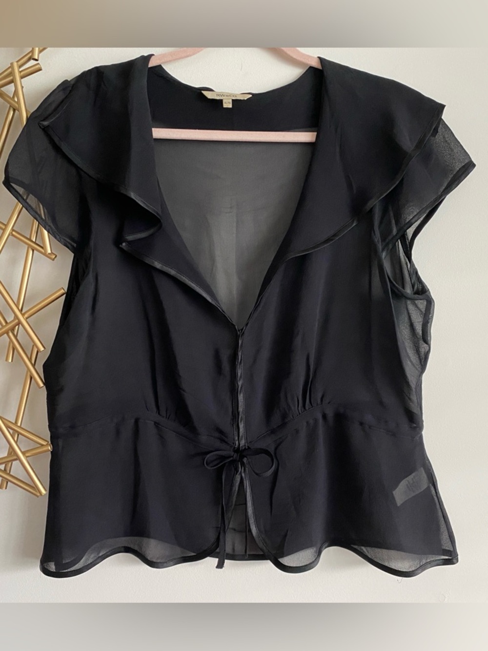 Rw&Co. 100% Silk Black Babydoll Short Sleeve Tie and Clasp Front Cardigan Top XL